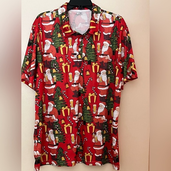 “UGLY” SANTA W/BEER POLO SHIRT. Santa Holding Glass Of Beer. Fun Shirt. USED 1X - Picture 2 of 7